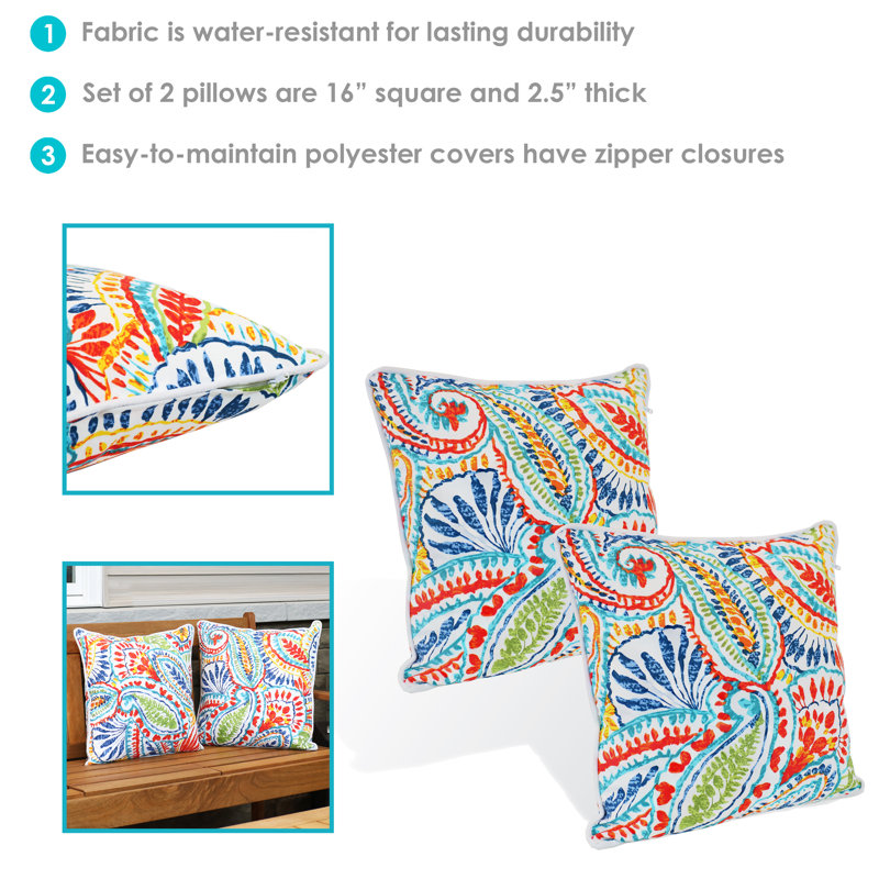 16" Bold Paisley Polyester Square Outdoor Throw Pillows, Set of 2