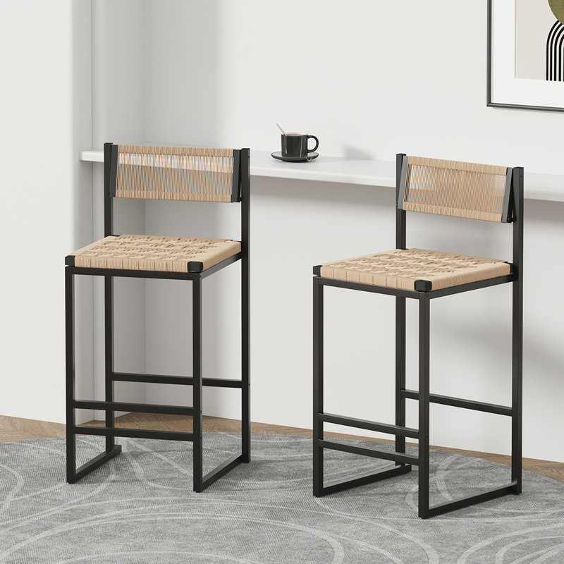 Ensemble de 2 tabourets de bar tissés avec dossier et tissage durable pour îlot de cuisine et salle à manger, Naturel