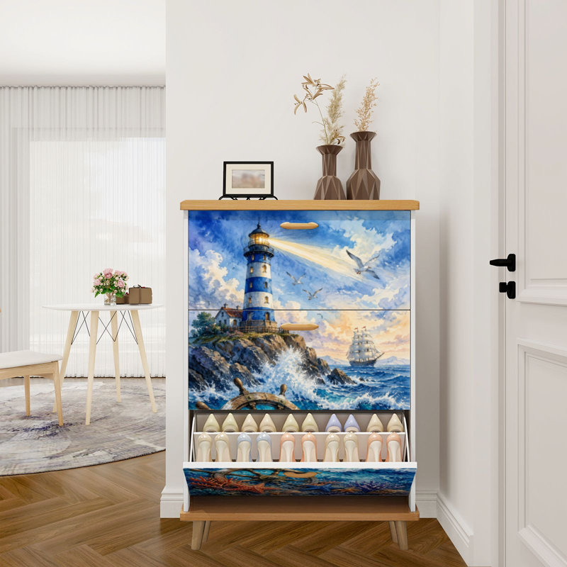 Shoe Storage Cabinet with 3 Flip Drawers for Lighthouse Ocean Wave Starfish Nautical Elements Watercolor Style Shoe Rack Storage Organizer
