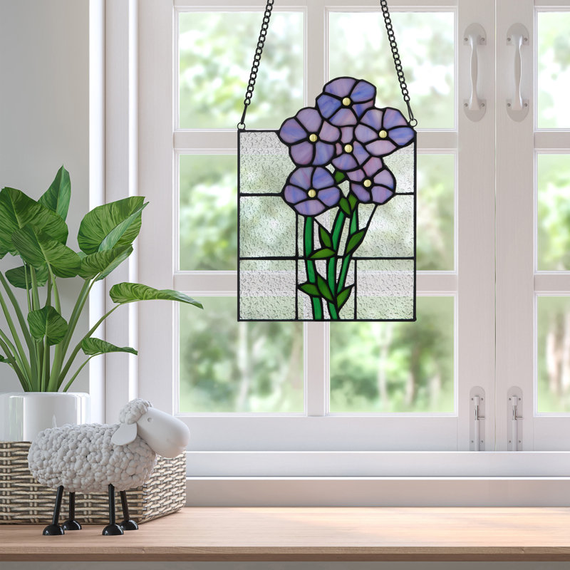 Purple and Green Stained Glass Window Panel with Forget Me Not Flowers