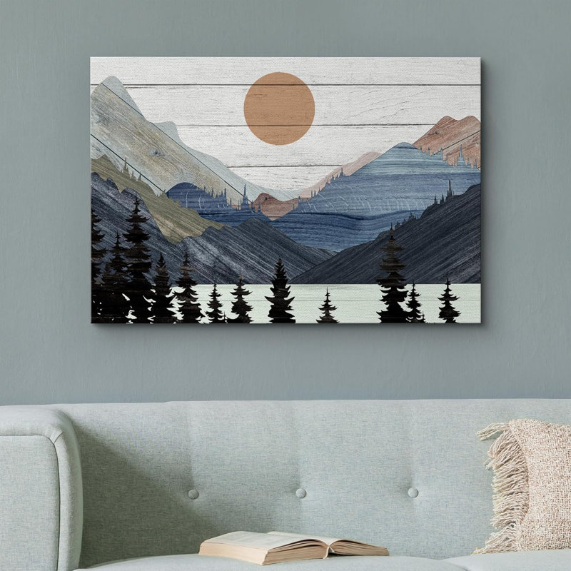 «Western Wood Effect Landscape Blue Mountain Pine Forest Nature Abstract Farmhouse Wall Decor Room», reproduction d'art sur toile