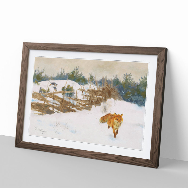 Fox in the Snow Vol.1 by Bruno Liljefors - Picture Frame Painting, Walnut Framed, 27cm H x 36cm W x 2cm D