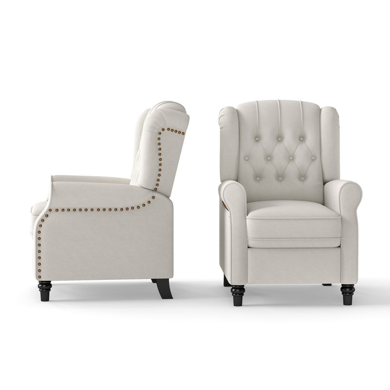29.5" W Classic and Upholstered Soft Pushback Recliner With Rivets (Set of 2), Off White Microfiber/Microsuede