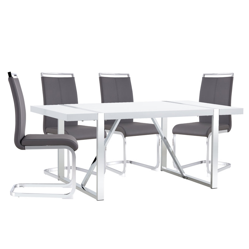 5-Piece Modern Glam High-Gloss Dining Set with Faux Leather Cantilever Chairs, Dark  Gray, 5