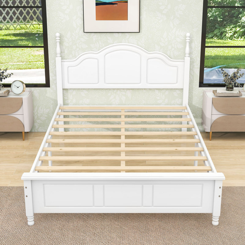 Lit plateforme en bois d'inspiration rétro avec tête de lit unique, Blanc, Double
