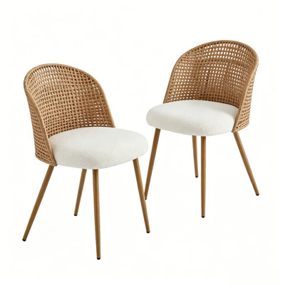 Set of 2 Brown Wicker Dining Chairs, Mid-Century Bohemian Kitchen Side Chairs with Soft Beige Sponge Cushioned Seats for Dining Room Home