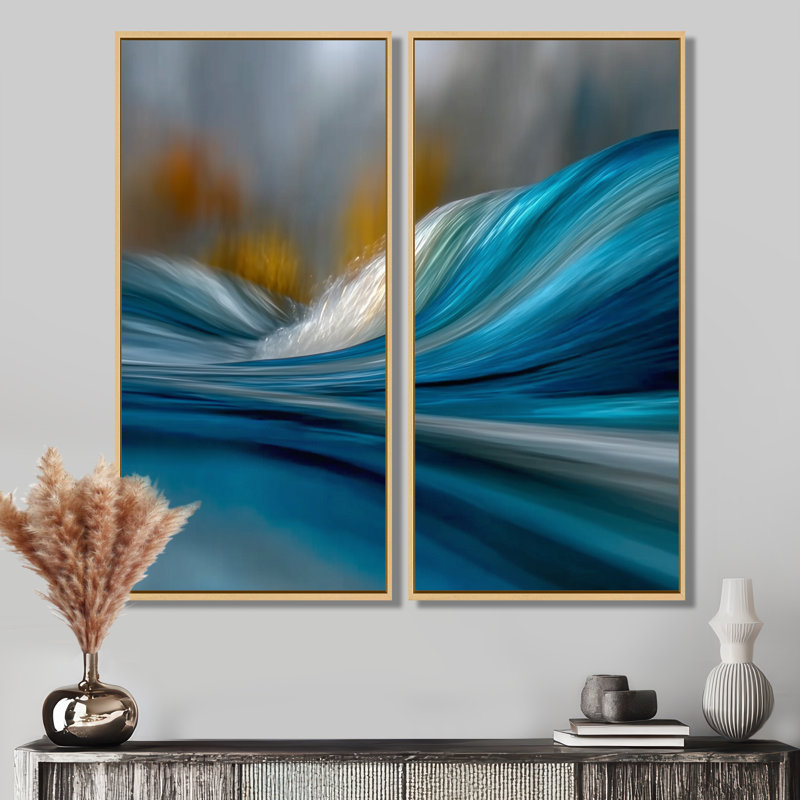 «Yellow Blue Wave Rhythmic River - Coastal Wall Art», reproduction sur toile jaune 2 pièces, H 20 po x l 24 po, Crème