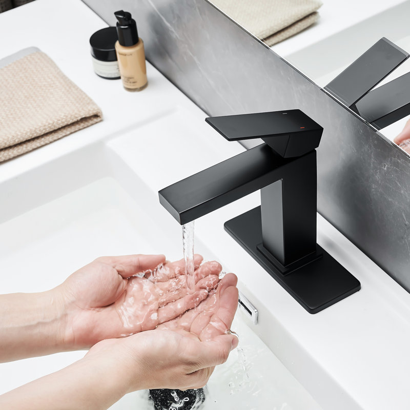 Contemporary Black Bathroom Faucet, Waterfall Design, Deck Plate, Pop Up Drain, Supply Lines, One Handle , Geometric Shape, Side , Cartridge Valve, Tap Matte Mounted, Hole, Single Handle, Fixture