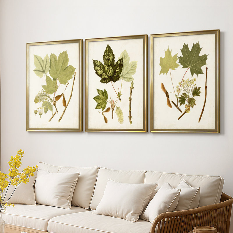 Antique Leaves IV - Toile tendue avec châssis sur mesure - 3 pièces, H 19 po x l 27 po, Doré