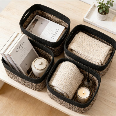 Cotton Rope Storage Baskets, 4-Pack Rectangular Organizer Bins For Shelves, Foldable Multi-Purpose Storage For Toys, Books, Clothes, And Home Organization