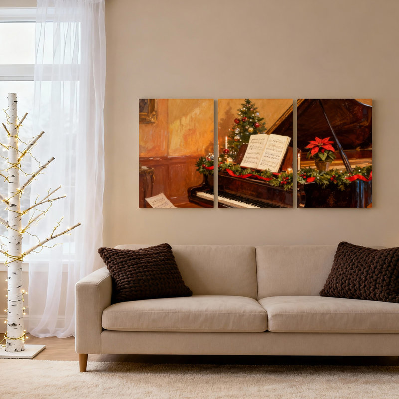 Ensemble de 3 tableaux sur toile représentant un piano de Noël avec sapin et poinsettia, H 24 po x l 48 po