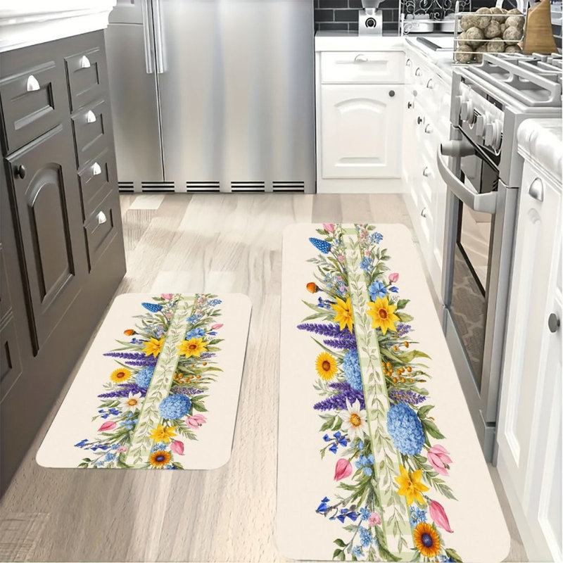 Ensemble de 2 tapis de cuisine jaunes mélangés à fleurs printanières