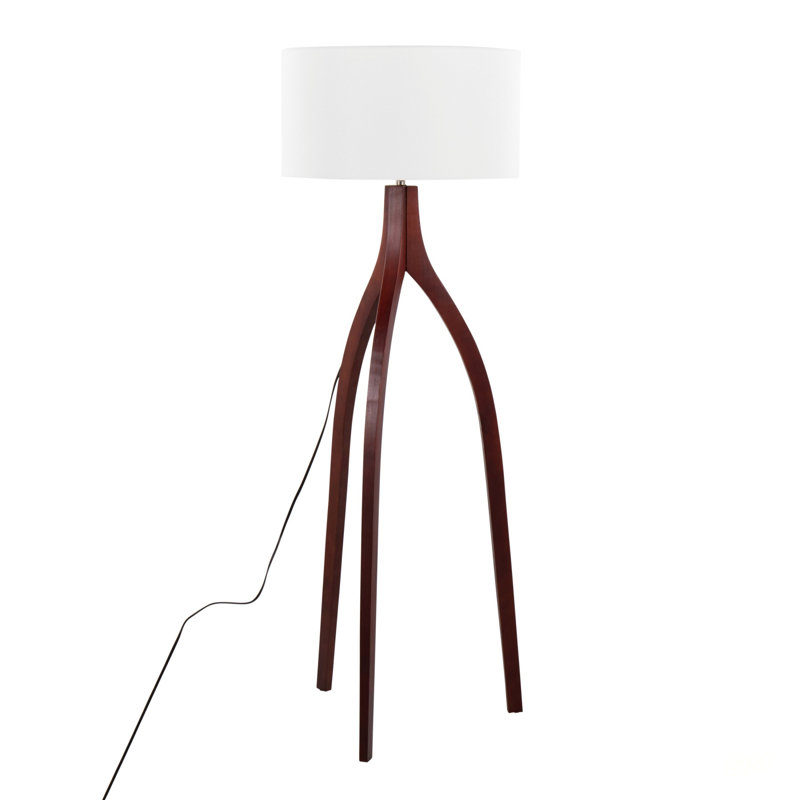 Wishbone Contemporary Floor Lamp With Walnut Wood Base And White Fabric Shade, Perfect For Modern And Stylish Interiors.