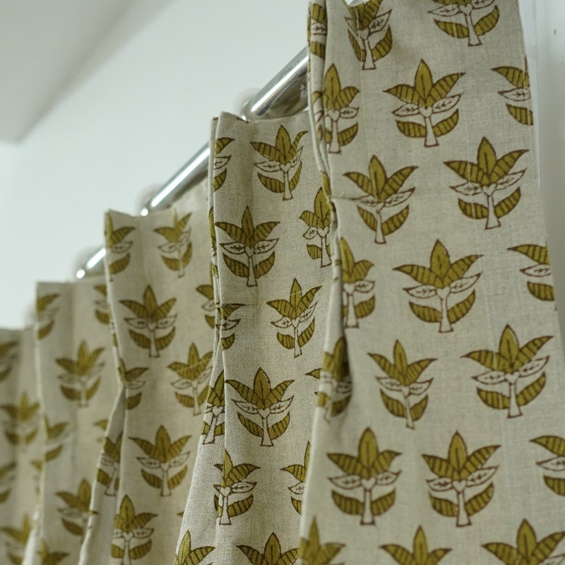 Fabdivine Handmade Block Print Floral Pinch Pleat Curtains 27X36" – Soft Boho Linen Drapes, Blackout, Room Darkening, Elegant Home & Office Decor, Window & Door Panels, 7 Patti, Mustard