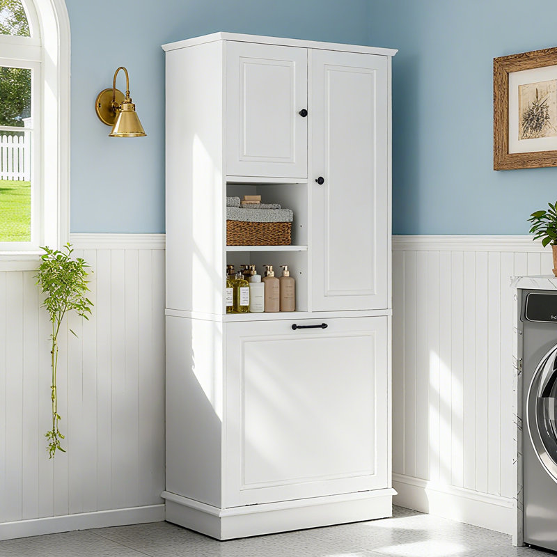 Fleurine 67.7'' H Bathroom Cabinet with Tilt-Out Laundry Hamper,Modern Linen Cabinet with Adjustable Shelf,Freestanding Style