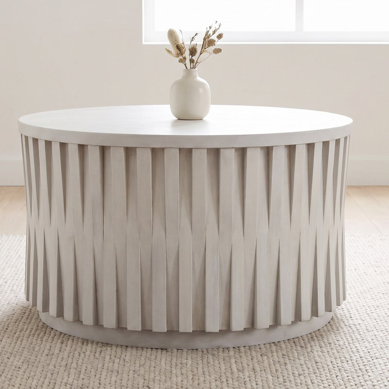 Table basse ronde élégante en bois de manguier de 30 po avec motif de lattes tissées à la main, H 18 po x L 30 po x l 30 po