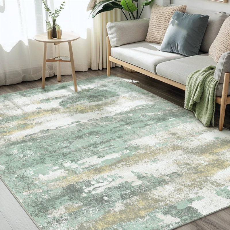 Tapis 3 x 5 pour la cuisine de l'entrée, tapis moderne et doux lavable à la machine, tapis d'intérieur à poils courts avec envers antidérapant, vert clair / crème