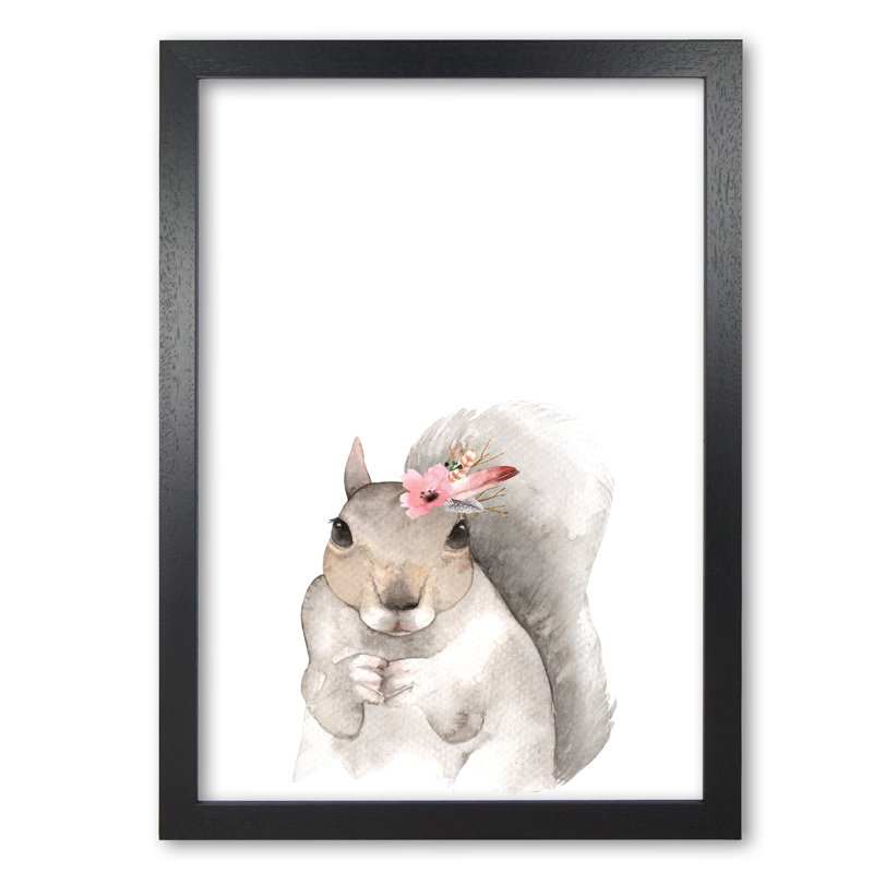 Forest Friends, Floral Cute Squirrel - Single Picture Frame Painting, Black Grain Frame, 30 cm H x 21 cm W x 5 cm D