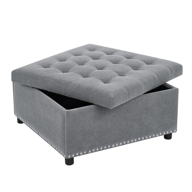 Upholstered Ottoman with Storage, Light Gray