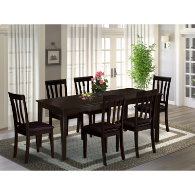 7 Piece Dining Room Furniture Set Consist of a Rectangle Kitchen Table with Pedestal and 6 Faux Leather Upholstered Dining Chairs, 42x72 Inch, Cappuccino