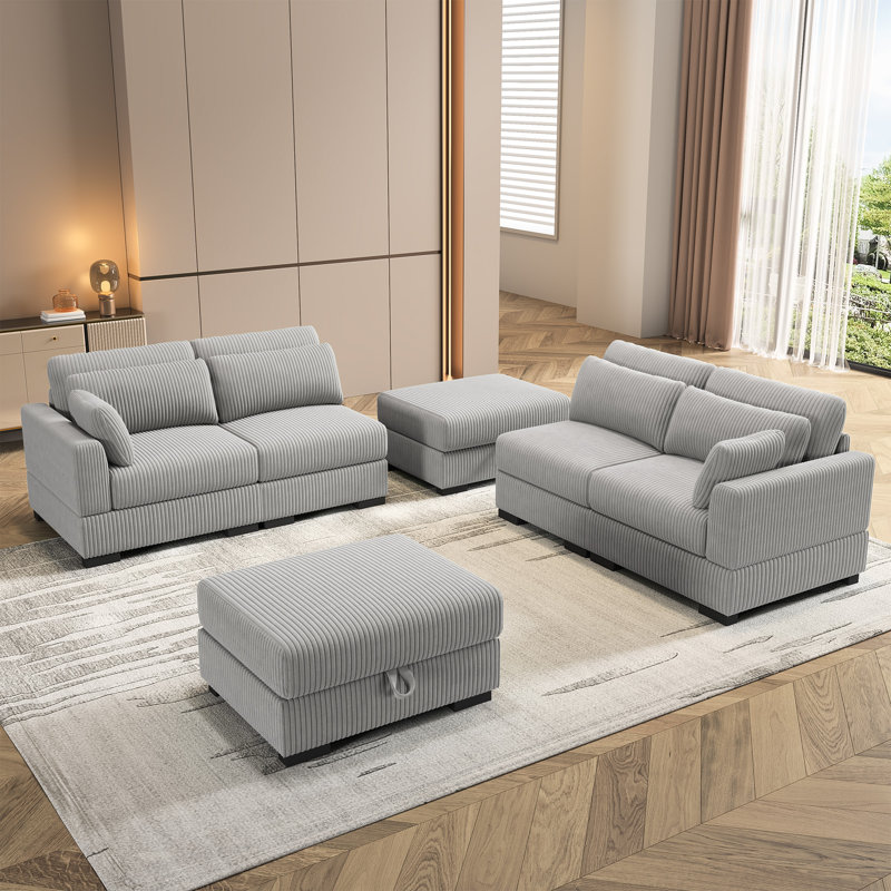 130'' Upholstered Sectional, U-Shaped Modular Sofa, Gray Corduroy
