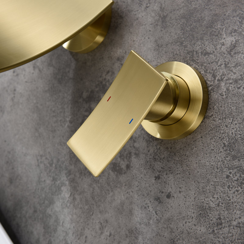 Golden Wall Mounted Bathroom Fixture - Smooth Water Flow For A Luxurious Tub Stylish Mount Tap Gold Large Flushing Area Waterfall Spout Bath