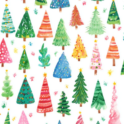 Papier peint adhésif décoratif festif, arbres de Noël colorés, papier de contact blanc, amovible, adhésif mural, décoration murale pour armoires de cuisine de chambre à coucher 17,7 po x 118 po