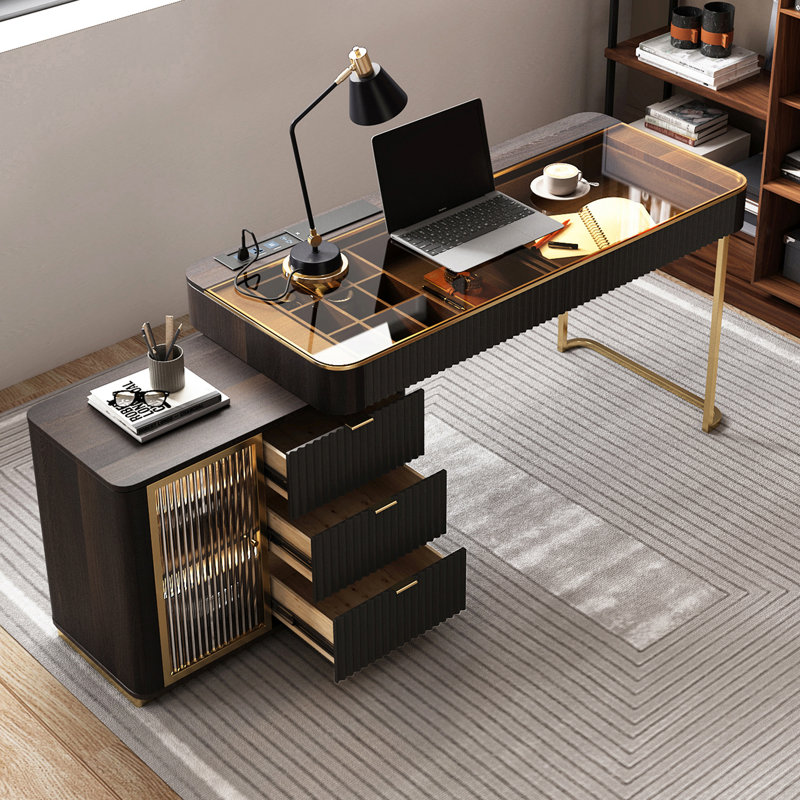 Mathian High-quality Swivel Computer Desk,Home office Desk,L-Shaped Executive Desk,Power Outlet, Glass Top,Very easy to assemble