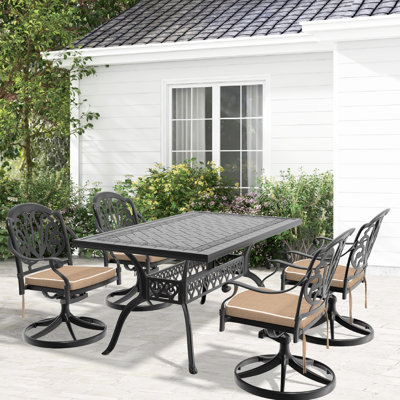5 chaises en fonte d'aluminium pour le jardin: 4 chaises pivotantes et table rectangulaire, structure noire, look élégant, sièges confortables, intempéries, coussins inclus, manuel d'installation simple