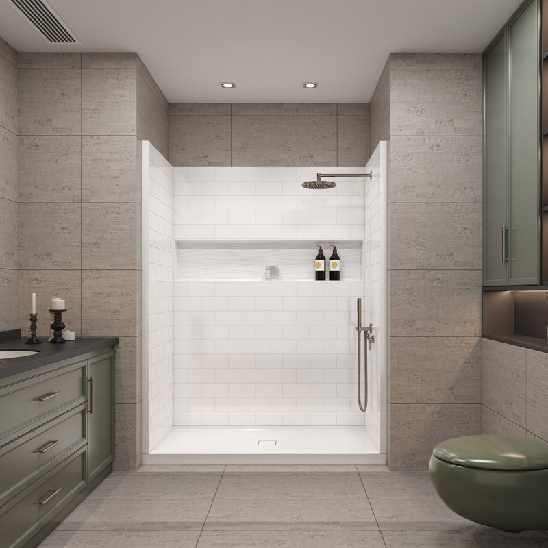60" x 32" 4-Piece Direct-to-Stud Alcove Shower Wall Kit With Shower Base Combo in White
