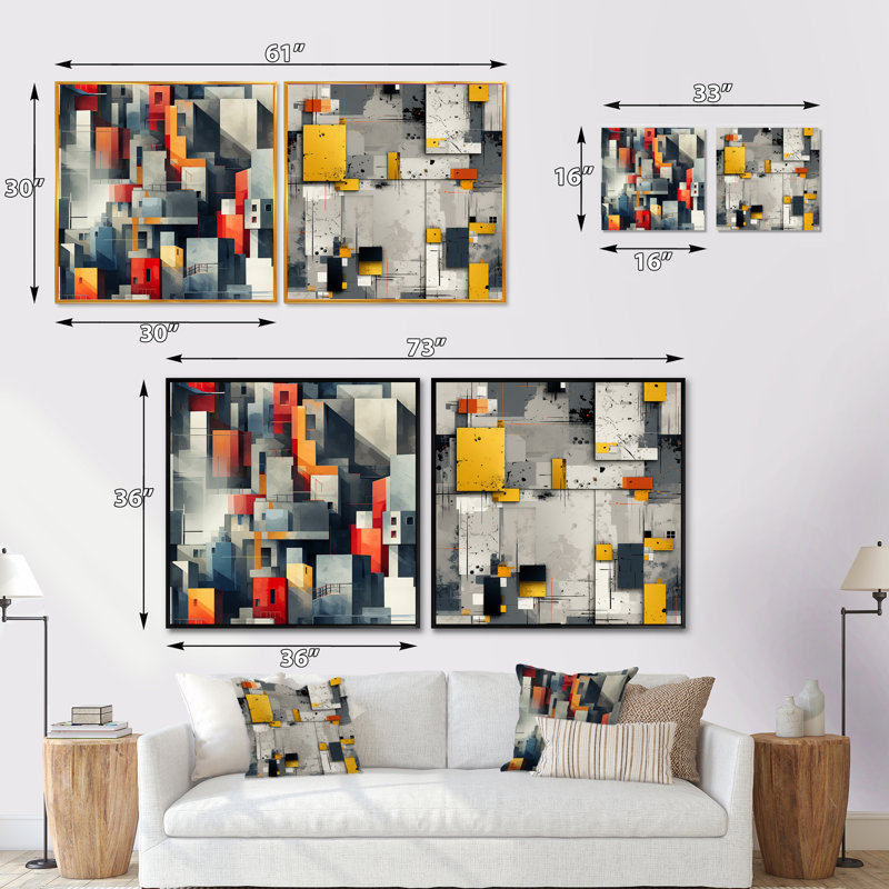 Coryden - Ensemble de 2 collages carrés à formes abstraites, Cadre flottant noir, H 16 po x l 33 po