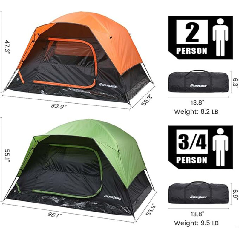 Tente de camping 2/3/4 personnes, imperméable, coupe-vent double couche avec Rainfly, installation facile, Noir / Orange