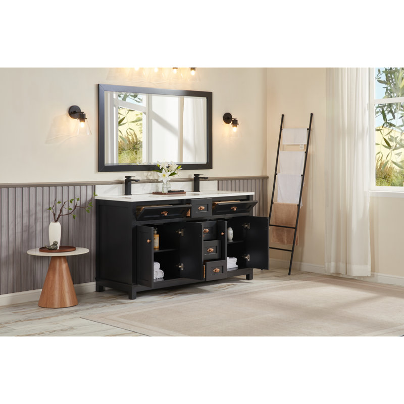 Meuble-lavabo en bois massif 60 po avec comptoir en pierre reconstituée et lavabo double 60 po, Noir tricorne, Or rose