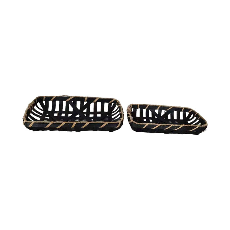 Ensemble de 2 plateaux rectangulaires en tissage avec cordes décoratives, Noir, noir, noir, noir