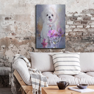 'Fluffy White Bichon Puppy And Flowers In A Vase'  by Kajenna Art Metal Wall Art, 24" x 36"
