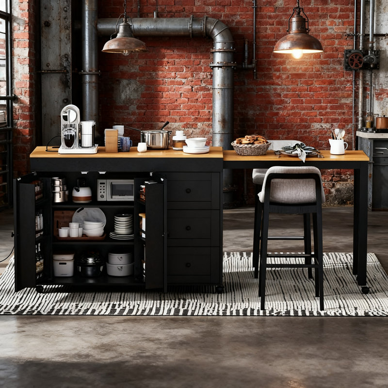 Îlot de cuisine 74,8 po noir - Chariot roulant avec table de salle à manger, 3 tiroirs, prise de courant, support à épices et armoire à 2 portes