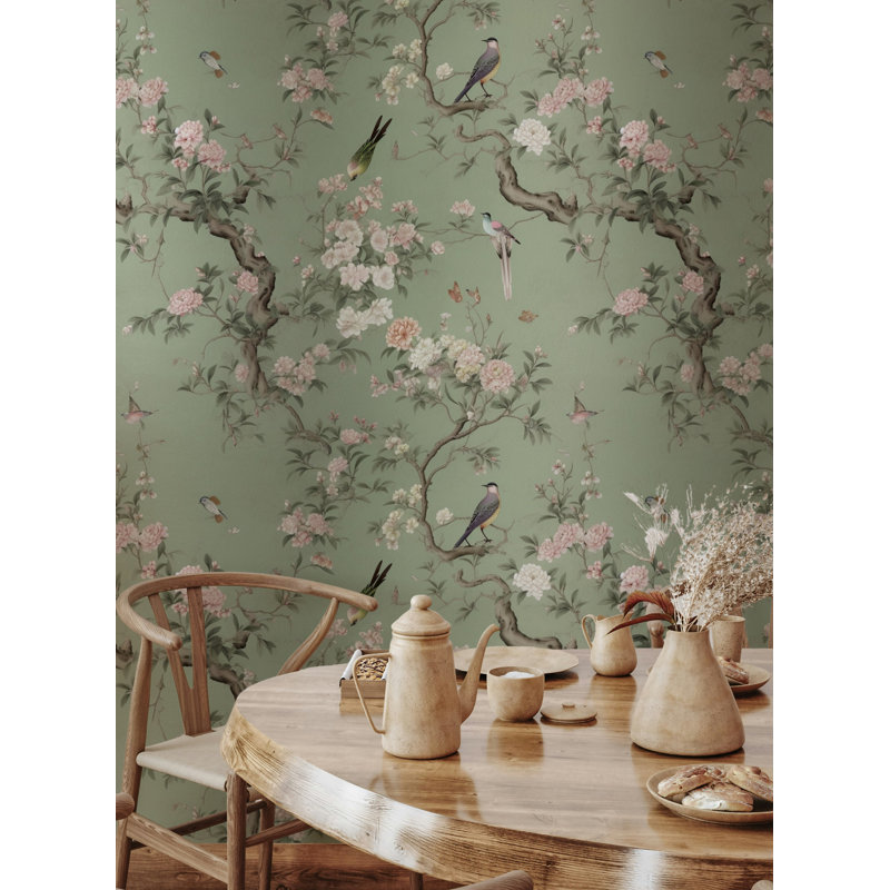 Papier peint sauge à motif floral chinois, L 37 po x l 56 po