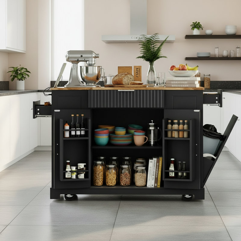 Black Recessed Kitchen Island With 5 Wheels For Easy Movement, Includes A Trash Can Cabinet, Power Outlet, Storage Rack, 3 Drawers, And 3 Side Shelves (Can Hold A 10-Gallon Bucket).