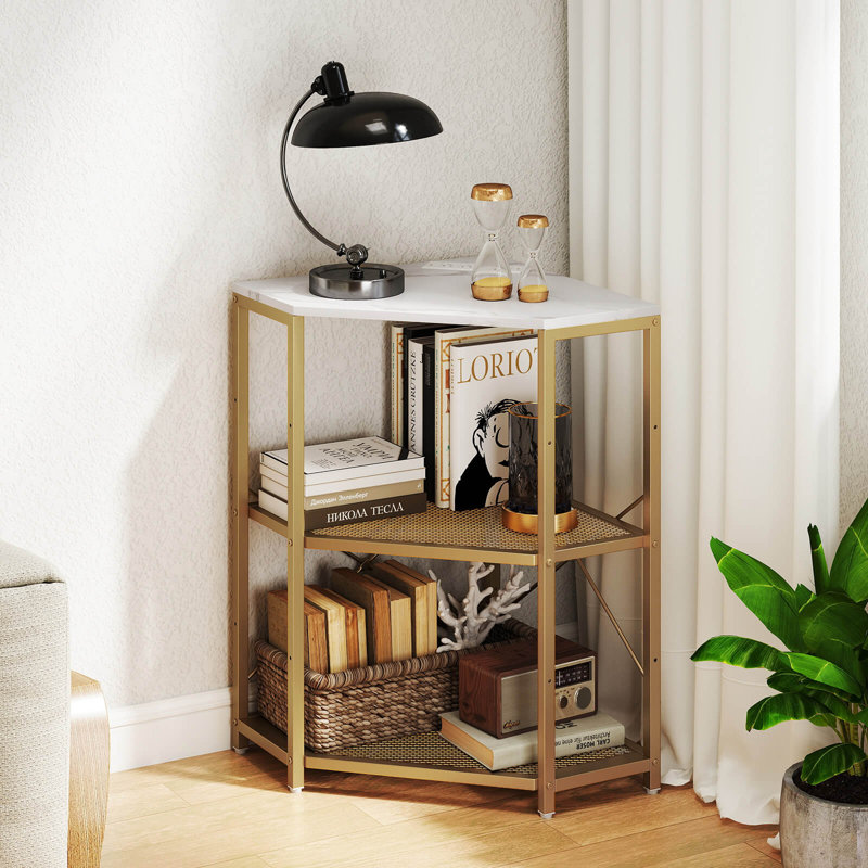 Corner Printer Stand with Charging Station Adjustable Metal Mesh Shelf White, White/Gold