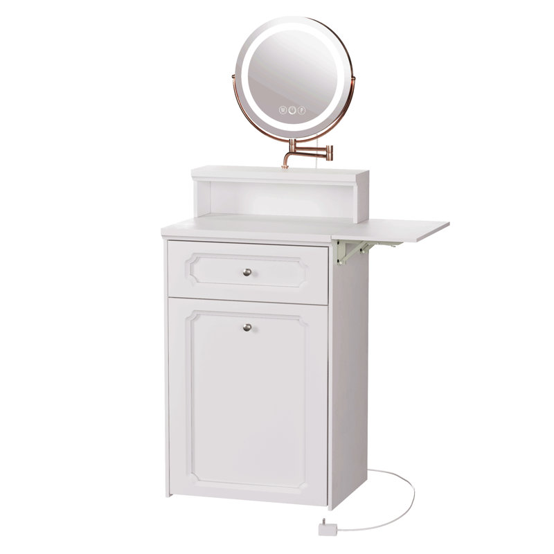 Bureau de coiffeuse blanc avec miroir rond et lumières, table de chevet 2 en 1, coiffeuse avec fauteuil