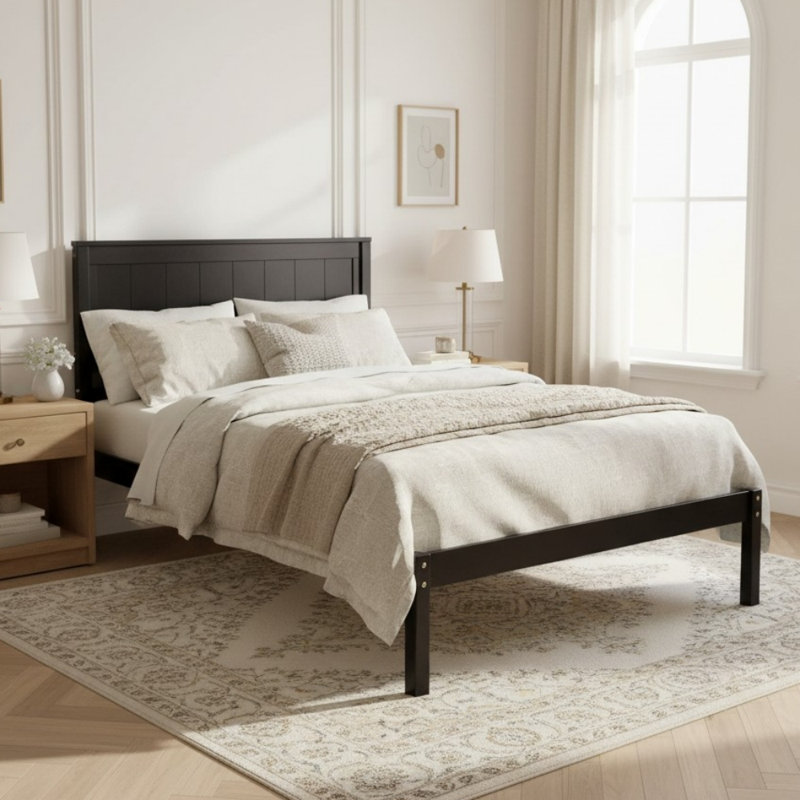 Lit plateforme en bois, tête de lit à panneau vertical, maison de campagne moderne, chambre à coucher, Lit simple, Espresso