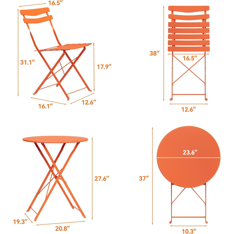 Ensemble bistro de patio pliable 3 pièces, table et chaises en métal d'extérieur / d'intérieur, table ronde compacte avec 2 chaises pliantes pour balcon, porche, terrasse, jardin, appartement, petit espace, orang
