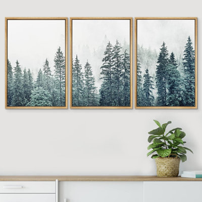 Misty Forest Landscape "Pine Tree Nature Woodland Nursery Decor Framed Canvas Print 3 Piece Wall Art