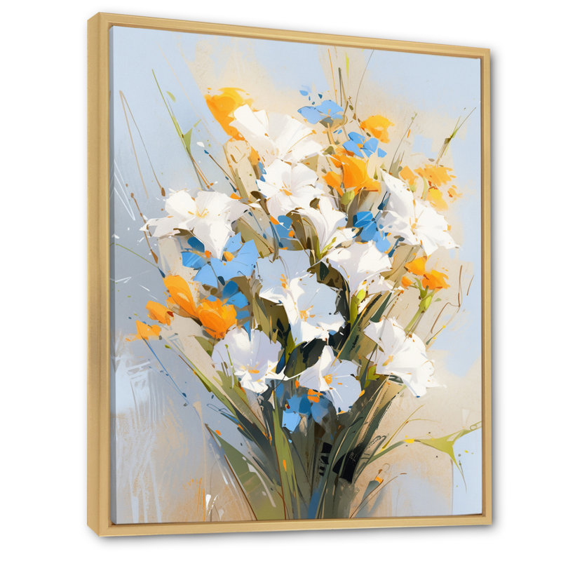 Fleurs bleues et blanches sur fond blanc, Cadre naturel flottant, H 32 po x l 16 po x P 1 po