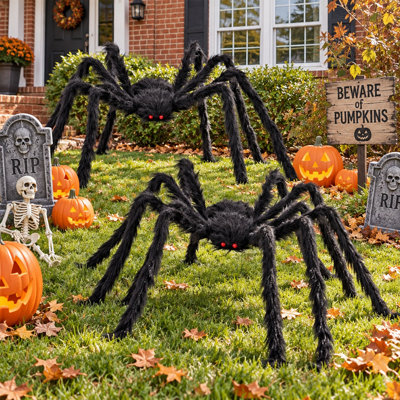 Lot de 2 décorations d'araignées pour l'Halloween, araignées noires poilues assorties avec pattes flexibles, plusieurs tailles disponibles pour la décoration extérieure du jardin, la pelouse, le porche et la maison hantée