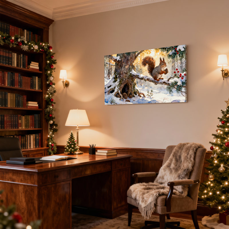 Christmas Winter Squirrel Pinecone Snowy Tree Forest Red Berries Set of 3 Canvas Wall Art Prints, 20" H x 30" W