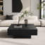 Table basse 31 po carrée moderne en bois massif noir avec tiroirs de rangement cachés à 2 voies, détails cannelés, parquet, table basse à grain de bois-1462684905-1462684908