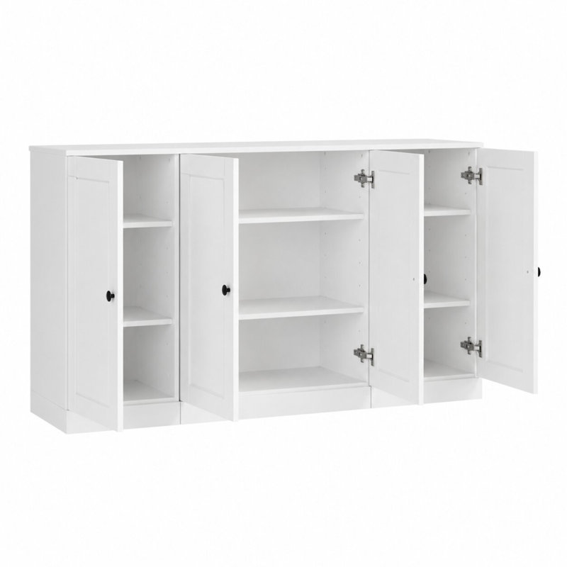 Meuble télé 100% bois massif, console de 65 po de large avec portes à panneau surélevé et rangement, Blanc