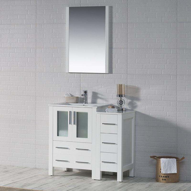 Mance 36" Single Bathroom Vanity - Ceramic Sink Top with Side Cabinet & Mirror - Storage Drawers, Soft-Close Doors – Modern Bathroom Cabinet for Small & Large Bathrooms