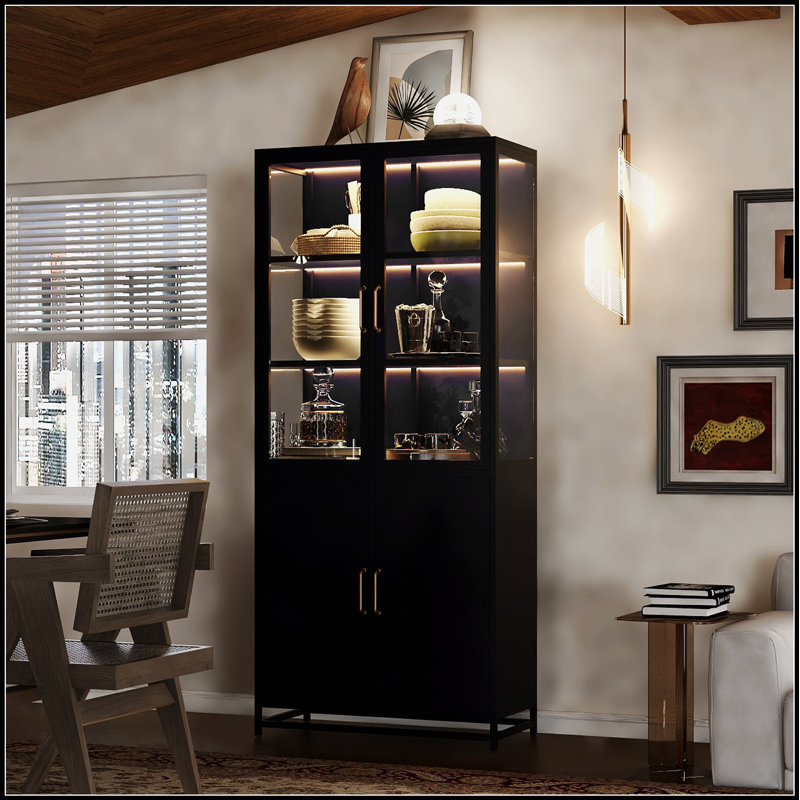 Modern 76.75'' Tall Glass Display Cabinet with LED Lighting, Reinforced Steel Frame, and Versatile Storage Solutions, Black